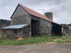An unpainted wooden barn.
