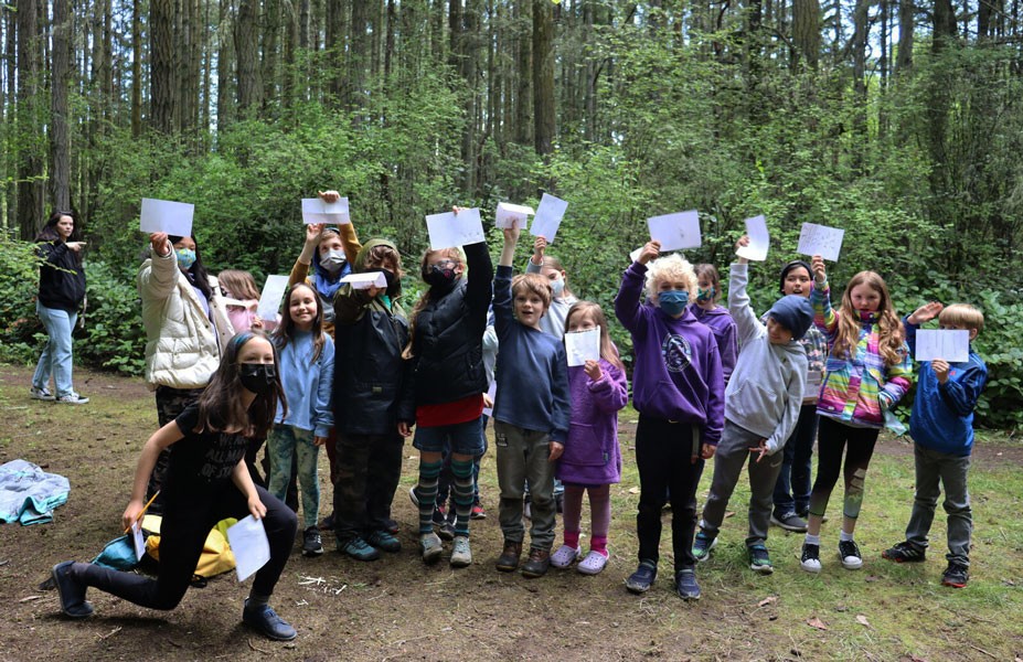 BirdGroupLg4Web Group of kids holding up sketches in the forest