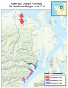Map marking elk territories on Olynpic Peninsula