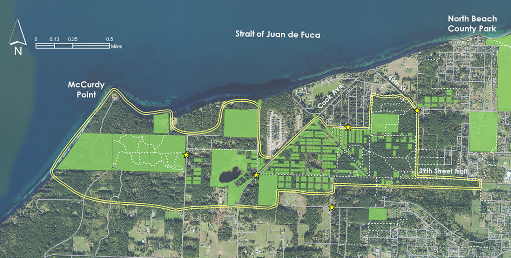 Map of the Quimper Wildlife Corridor project area with green parcels indicating protected land and a double yellow line indicating the priority area for land protection.