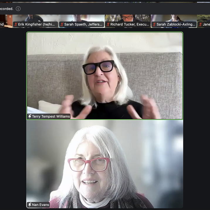 Screenshot of a virtual event showing two women.