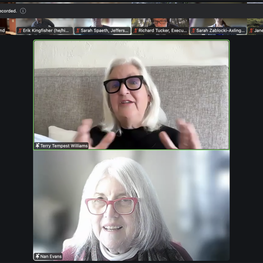 Screenshot of a virtual event showing two women.